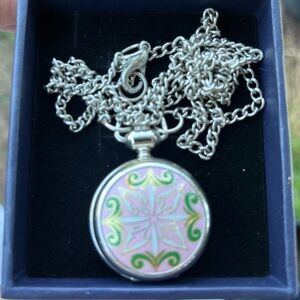 Locket Pendant Necklace with Pink & Green Enamel Medallion